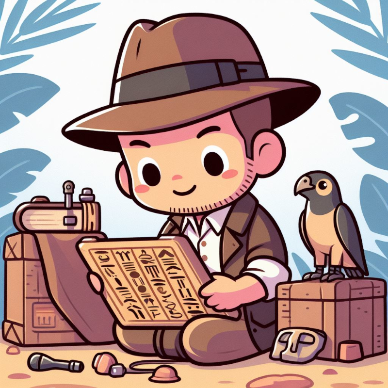 Ilustração fofa de um Mini Indiana Jones segurando uma placa egípcia com hieróglifos